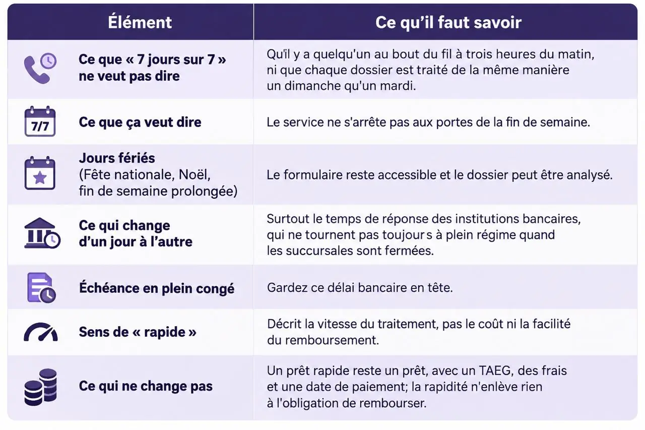 Tableau: ce que veut dire un prêt rapide 7 jours sur 7
