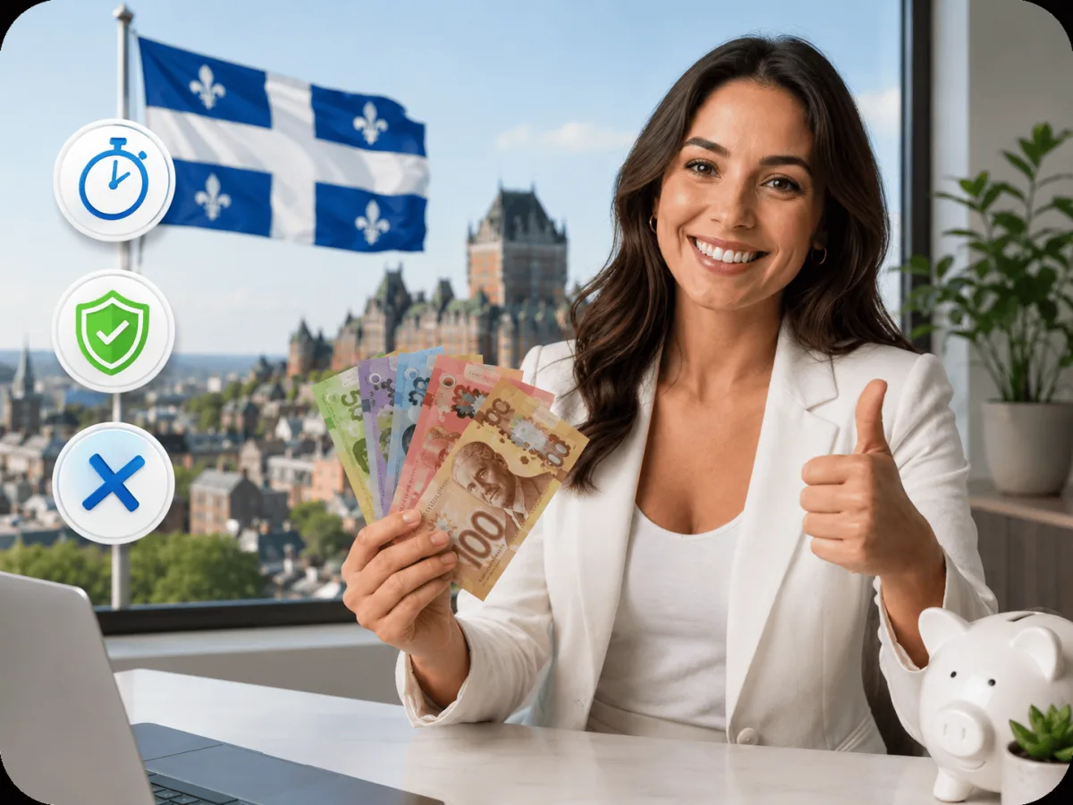 Cliente satisfaite tenant des billets de 100 dollars canadiens devant le drapeau du Québec